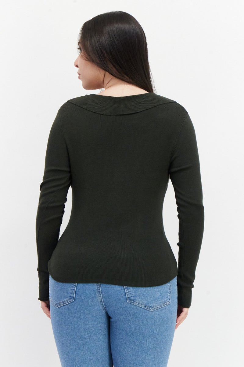 French Connection Women V-Neck Textured Sweater, Olive - Image 3