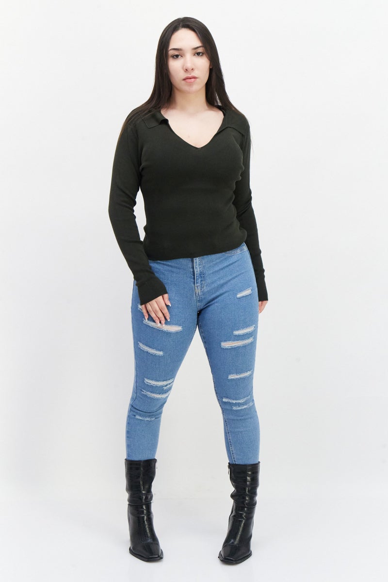 French Connection Women V-Neck Textured Sweater, Olive - Image 2