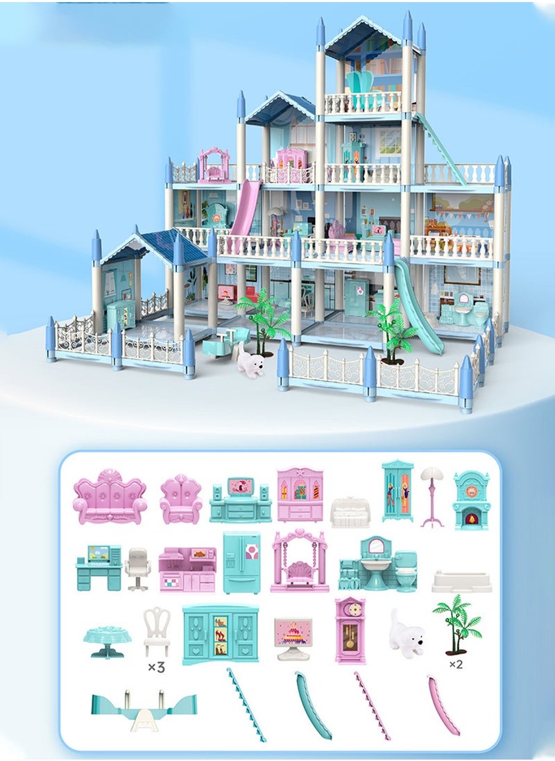 Arabest 14 Rooms 4 Terraces Doll House House 61*54*61cm With 2 Colourful Light Strips With Lights To Assemble Kitchen, Bedroom, Furniture, Garden, Pets Diy Pretend Doll House For Girls  - Image 2