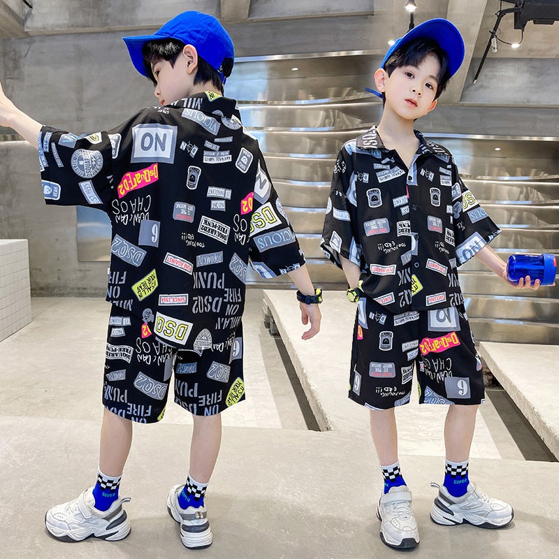 Boys Summer Short Sleeve Shirt Set 2024 Trendy Black large printed suit