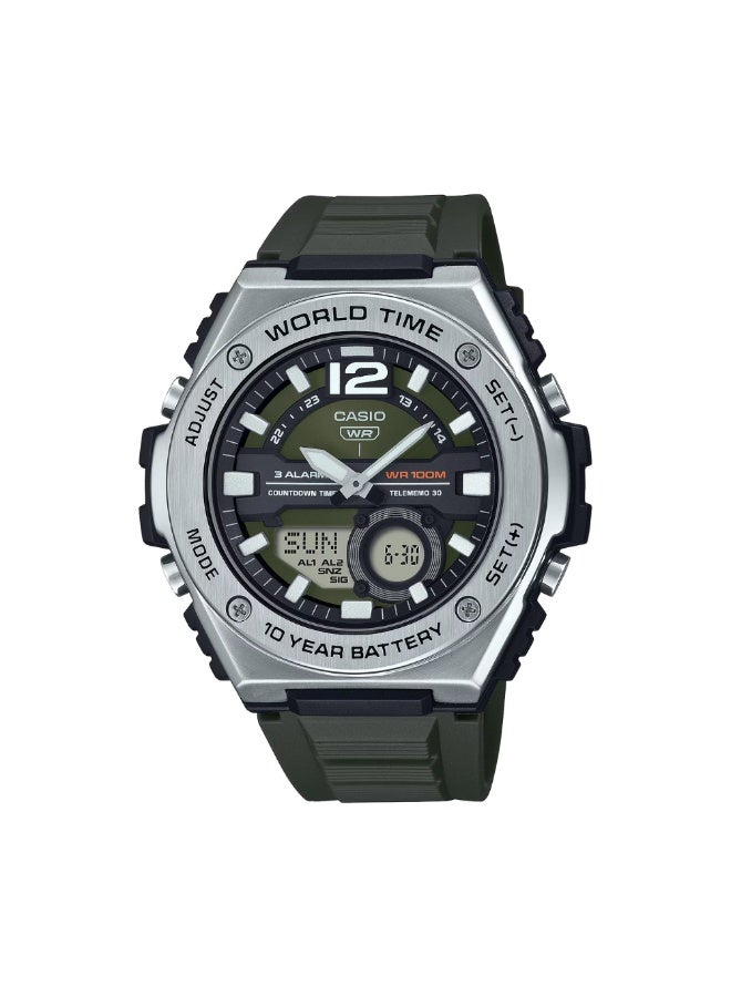 كاسيو ساعة كاسيو للرجال MWQ-100-3AVDF – قرص أخضر Sunray، سوار ريزن أخضر داكن، إطار معدني، مقاومة للماء حتى 100 متر، بطارية 10 سنوات، توقيت عالمي - Image 1