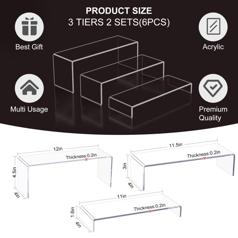 Blaithom Acrylic Display Riser Stand of 6pcs, 5mm Thickness,12'' Length Tierd Display Stands, Acrylic Shelf Risers for Perfume Display,Risers for Buffet Table,Cupcake Stand,Pop Figurines,Tumbler,Food - Image 2