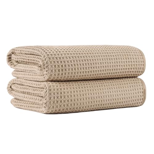 MICROFI New Microfiber Waffle Bath Towels, 2 Pieces, Oversized, Soft, Absorbent, Fast Drying, Lint Free 430 GSM (Beige) - Image 1