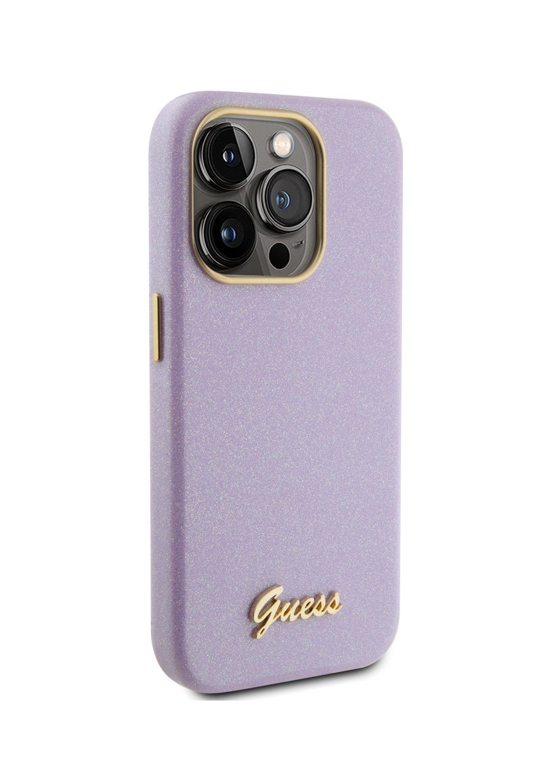 GUESS iPhone 15 Pro Case PU Glitter Glossy Back Cover with Guess Script Logo / Easy Snap-On / Accurate Cutouts / Drop Protection - Lilac - Image 2