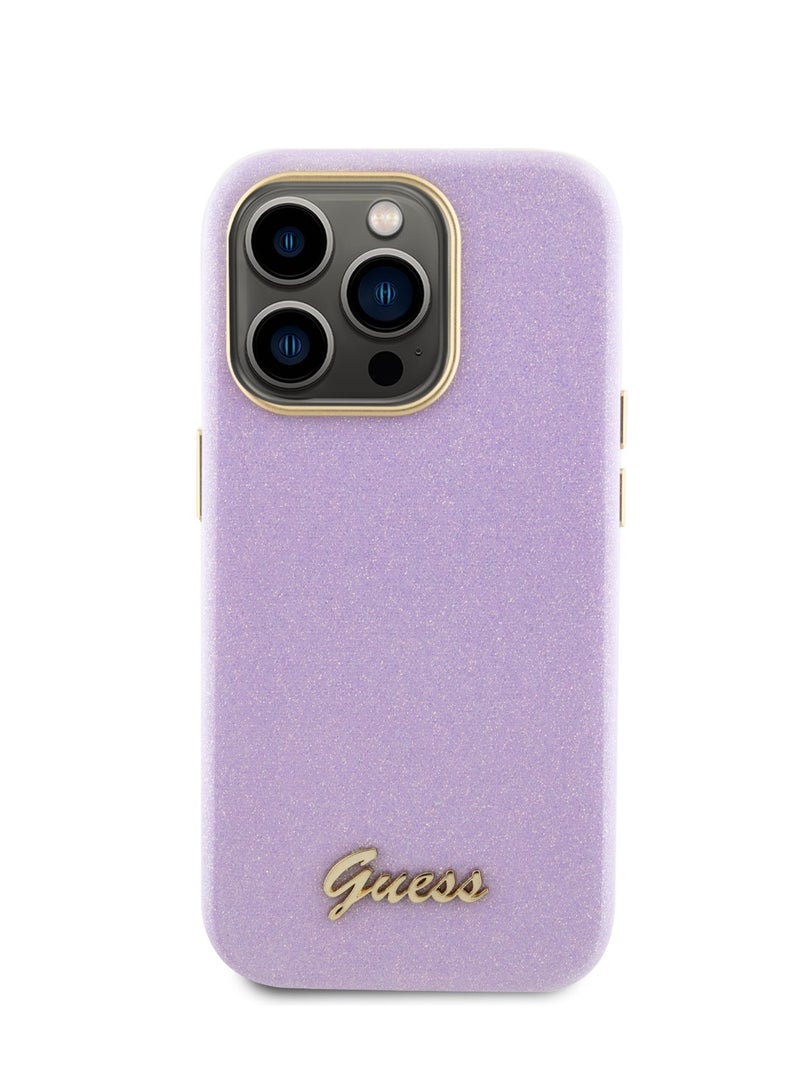 GUESS iPhone 15 Pro Case PU Glitter Glossy Back Cover with Guess Script Logo / Easy Snap-On / Accurate Cutouts / Drop Protection - Lilac - Image 1