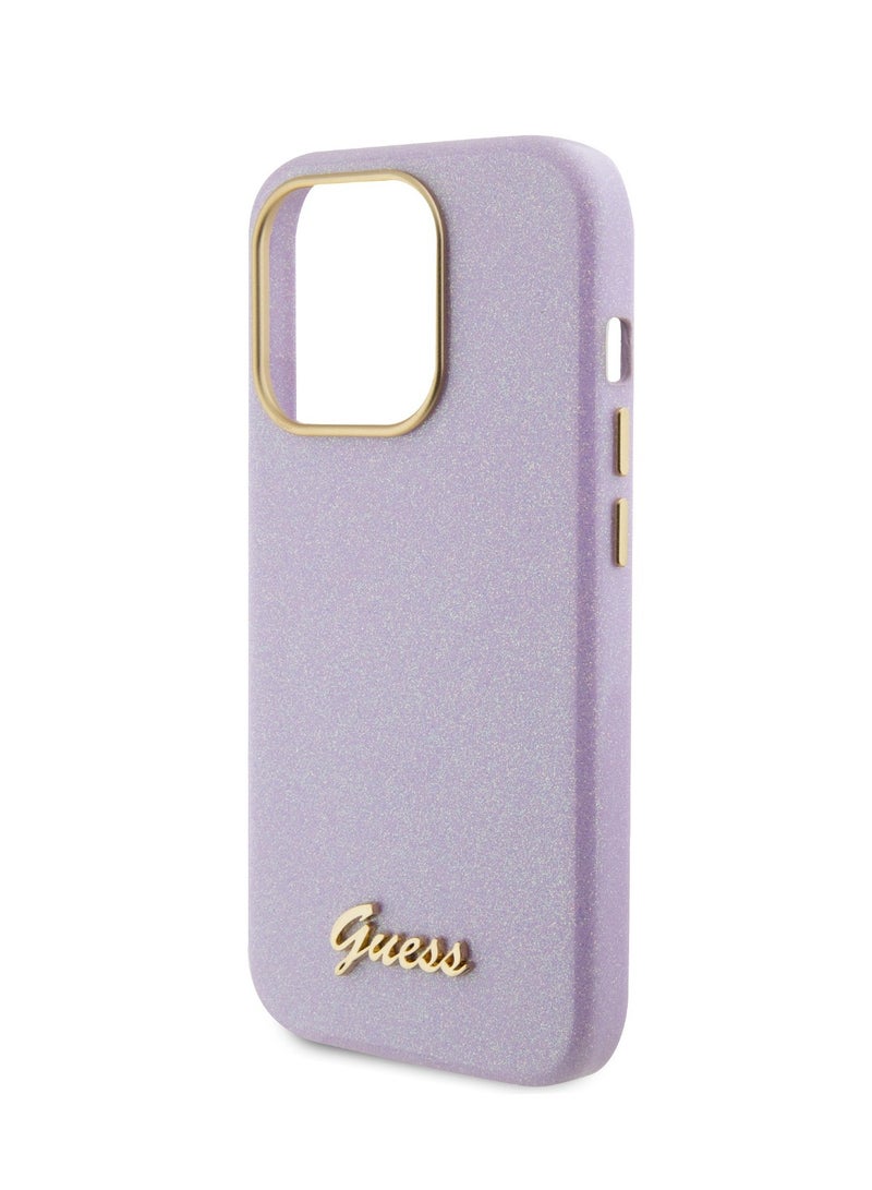 GUESS iPhone 15 Pro Case PU Glitter Glossy Back Cover with Guess Script Logo / Easy Snap-On / Accurate Cutouts / Drop Protection - Lilac - Image 5