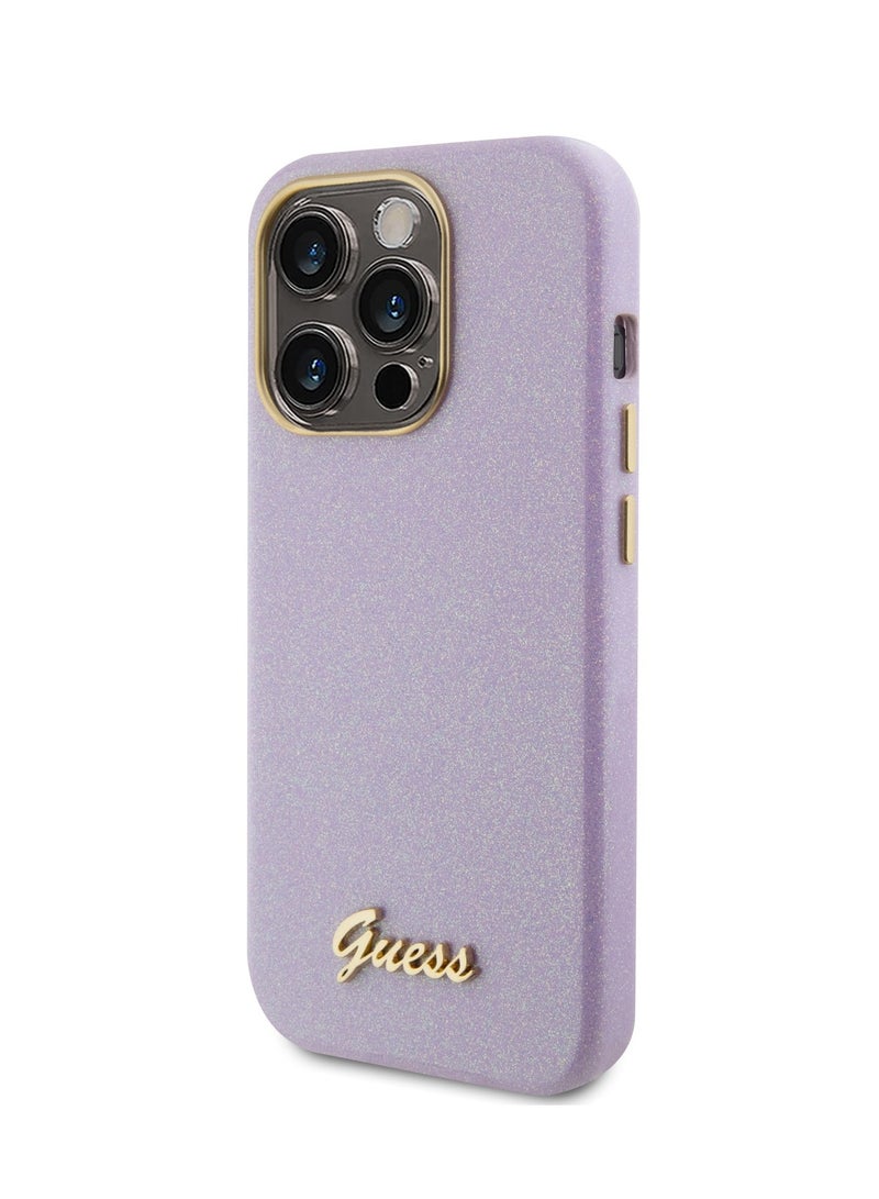 GUESS iPhone 15 Pro Case PU Glitter Glossy Back Cover with Guess Script Logo / Easy Snap-On / Accurate Cutouts / Drop Protection - Lilac - Image 3