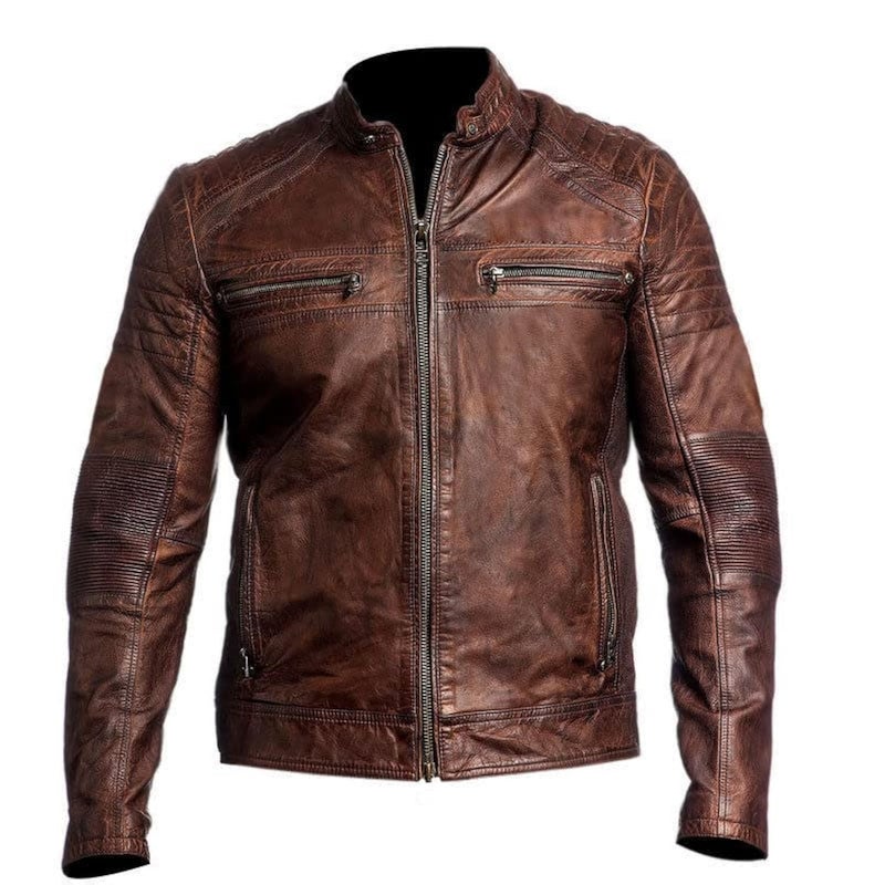 DECIMAL Mens Black BROWN Genuine Lambskin Leather Biker Jacket VINTAGE REAL MOTORCYCLE JACKETS FOR MEN L DISTRESSED BROWN