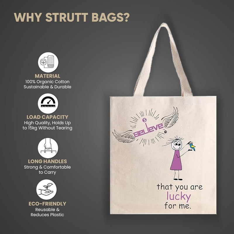 STRUTT Foldable Canvas Tote Bag for Women, Tote Bag for College Girls,100% Organic Cotton Reusable Shopping Bag for Grocery, Eco-Friendly Multi-Purpose Bag for Travel & Daily Use - in Lucky - Image 2