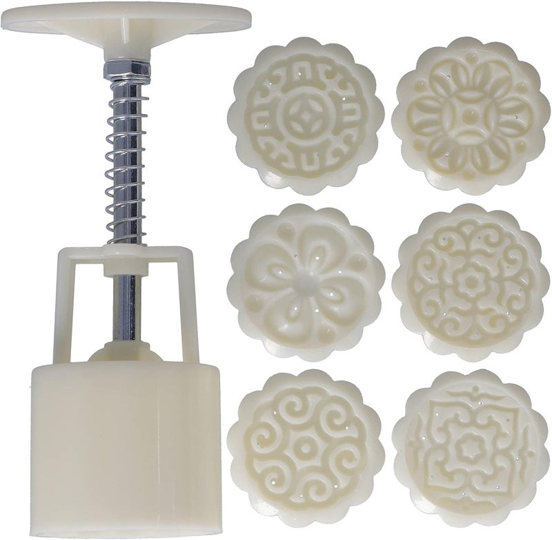 50g Moon Cake Mold Press, Cookie Press Mold Hand Pressed Moon Cake Mould with 6 Printing Stamps for DIY Cookie Pastry Baking (traditional flower) - Image 1