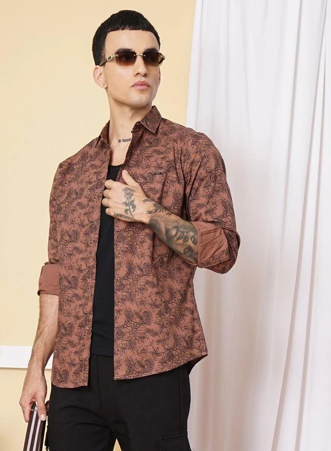 ذا انديان كراج كو Men Slim Fit Graphic Print Full Sleeves Spread Collar Casual Shirt