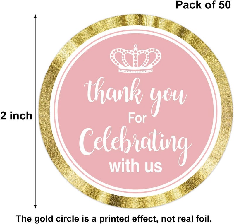None/Brand 2 Inch Thank You for Celebrating with Us Stickers Pink Little Princess Thank You Stickers for Baby Shower Birthday Party Party Favors Decor Ideas Pack of 50 - Image 2