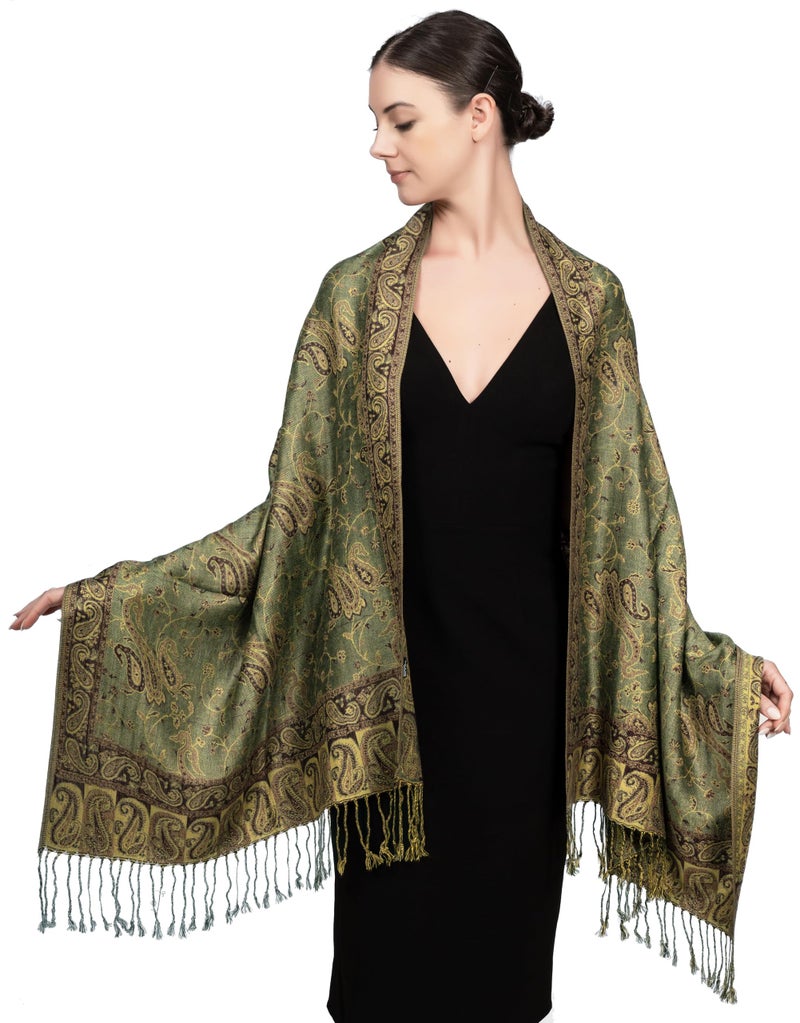 Achillea شال باهظ من الباشمينا القابل للعكس بتصميم بايسلي ناعم وحريري مع أطراف (أخضر مريمي) - Image 4