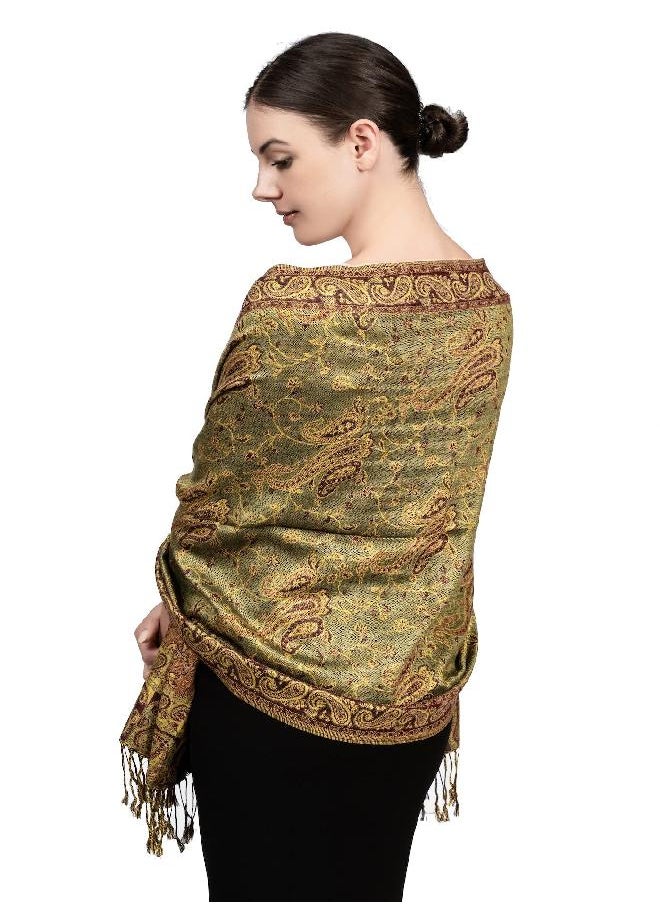 Achillea - Achillea Soft Silky Reversible Paisley Pashmina Shawl Wrap Scarf w/Fringes 80" x 28" (Sage Green) - Image 1
