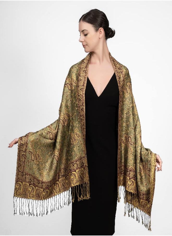 Achillea - Achillea Soft Silky Reversible Paisley Pashmina Shawl Wrap Scarf w/Fringes 80" x 28" (Sage Green) - Image 1
