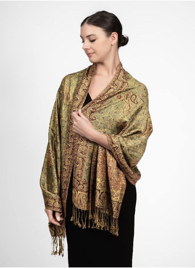 Achillea - Achillea Soft Silky Reversible Paisley Pashmina Shawl Wrap Scarf w/Fringes 80" x 28" (Sage Green) - Image 1