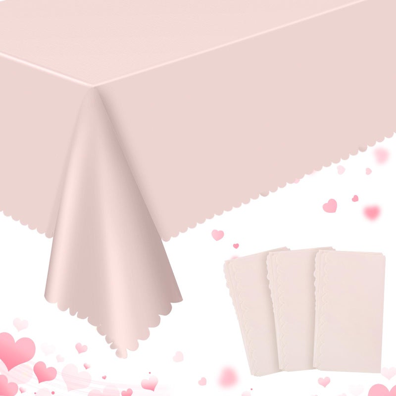 3 Pack Plastic Light Pink Tablecloth 54 X 108Inch Valentines Day Table Cover Disposable Pink Scalloped Tables Cloth Waterproof Spring Table Cover for Anniversay Wedding Baby Shower Bridal Wedding