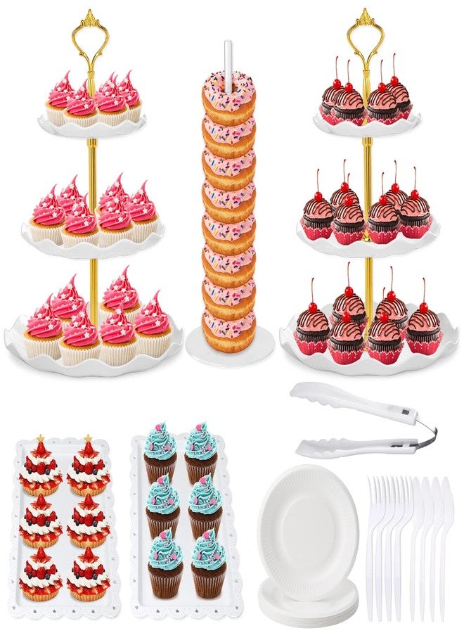 Dexpinzo 46Pcs Dessert Table Display Set 2X 3 Tier Cupcake Cake Tower Stand 2X Plastic Cookie Candy Food Serving Platters and Trays Donut Holder Stand Treat Display for Wedding Baby Shower Afternoon Tea Party - Image 1