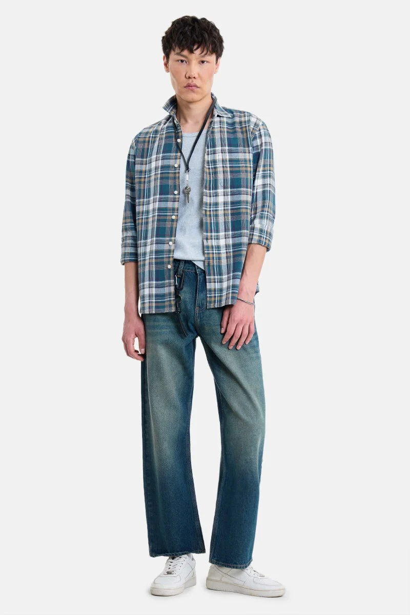 سنيتش Teal Checkered Long Sleeve Regular Fit Shirt