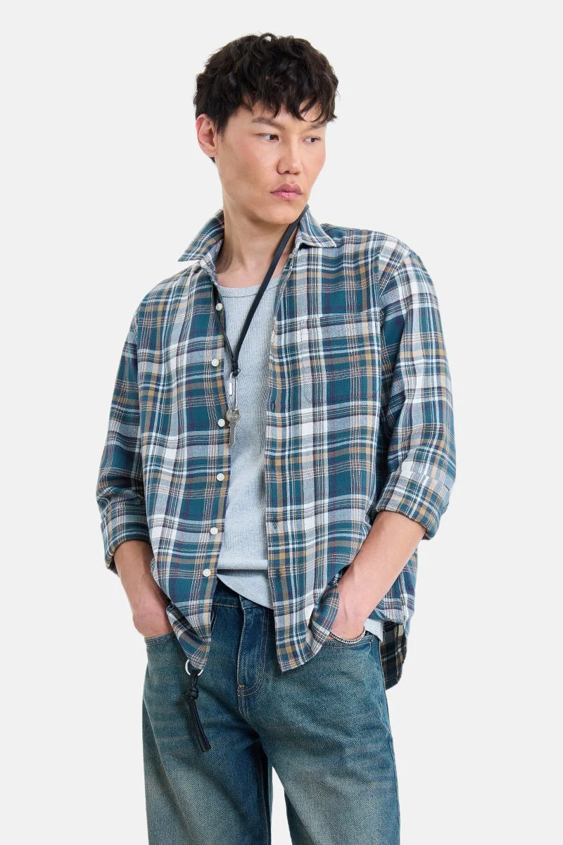 سنيتش Teal Checkered Long Sleeve Regular Fit Shirt