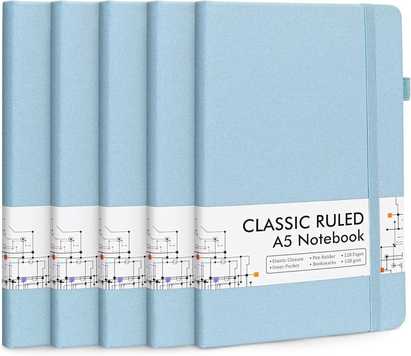 Feela 5 Pack Notebooks Journals Bulk, Hardcover Notebook Classic Ruled Lined Journals with Pen Holder for Women Girls School Business Supplies, with 5 Black Pens, 120 GSM, 5.1”x8.3”, A5, Light Blue - Image 1