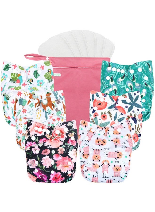 Wegreeco wegreeco Cloth Diapers 6 Pack with 6 Inserts & 1 Wet Bag, Washable Cloth Diapers for Babies, One Size Adjustable Reusable Diapers Baby (Flower)  - Image 1