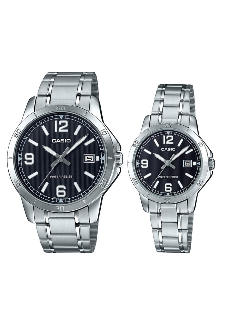 CASIO Analog Black Dial Stainless Steel Band Couple Watch Set MTP/LTP-V004D-1B2 - Image 1