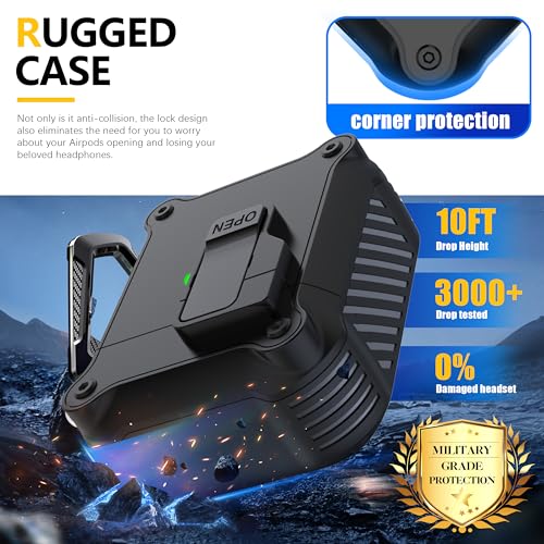 RFUNGUANGO for Airpods 2nd and 1st Generation Protective Cases Automatic Pop-up with Safety Lock Clip, Full Body Shockproof Hard Case with Keychain (Cleaning Tool) - Black - Image 3