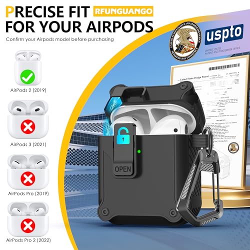 RFUNGUANGO for Airpods 2nd and 1st Generation Protective Cases Automatic Pop-up with Safety Lock Clip, Full Body Shockproof Hard Case with Keychain (Cleaning Tool) - Black - Image 5