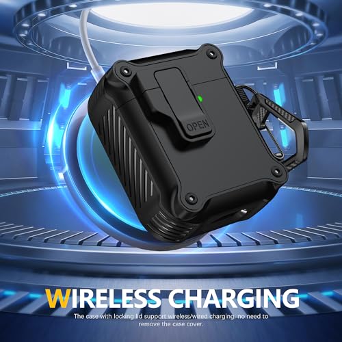 RFUNGUANGO for Airpods 2nd and 1st Generation Protective Cases Automatic Pop-up with Safety Lock Clip, Full Body Shockproof Hard Case with Keychain (Cleaning Tool) - Black - Image 4