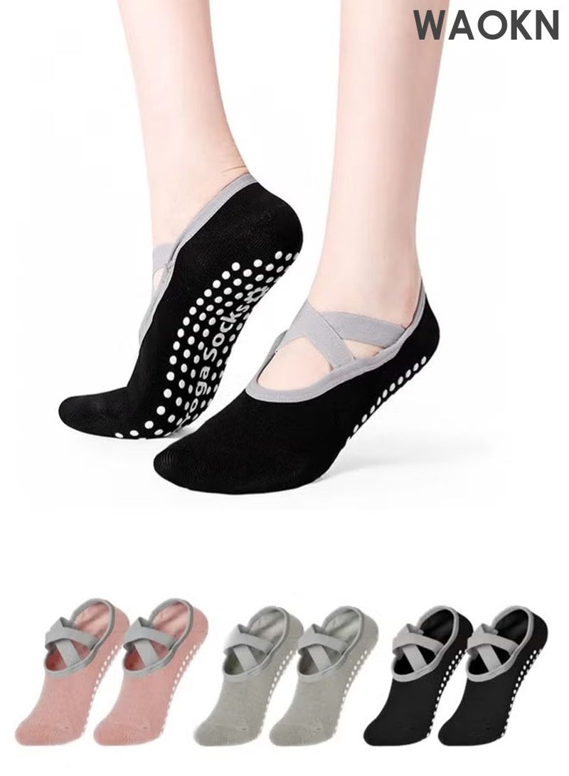 دبليو أيه أو كي أن ٣ أزواج من جوارب بيلاتس القطنية للنساء، جوارب يوغا مانعة للانزلاق، مريحة، قابلة للتهوية، تمتص الرطوبة، وتحافظ على ثباتها، مثالية لليوغا/البيلاتس/الباليه/الرقص/التمارين الرياضية (رمادي، أسود، وردي) - Image 1