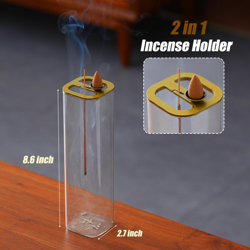 Ceremony Incense Holder, 2 in 1 Incense Burner for Sticks, Ash-Proof Glass Incense Burner for Meditation Yoga Spa Room Decor (2 in 1 Square) Ceremony Incense Holder, 2 in 1 - Image 2