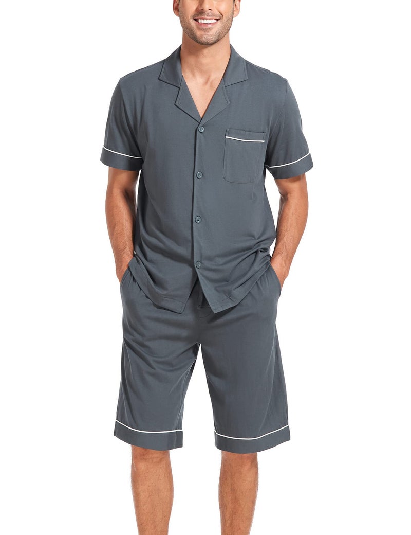 COLORFULLEAF Men's 100% Cotton Short Sleeve Pajama Sets Button Down Notched Collar Sleepwear Soft Lounge Pjs with Pockets (Deep Grey, L) - Image 1