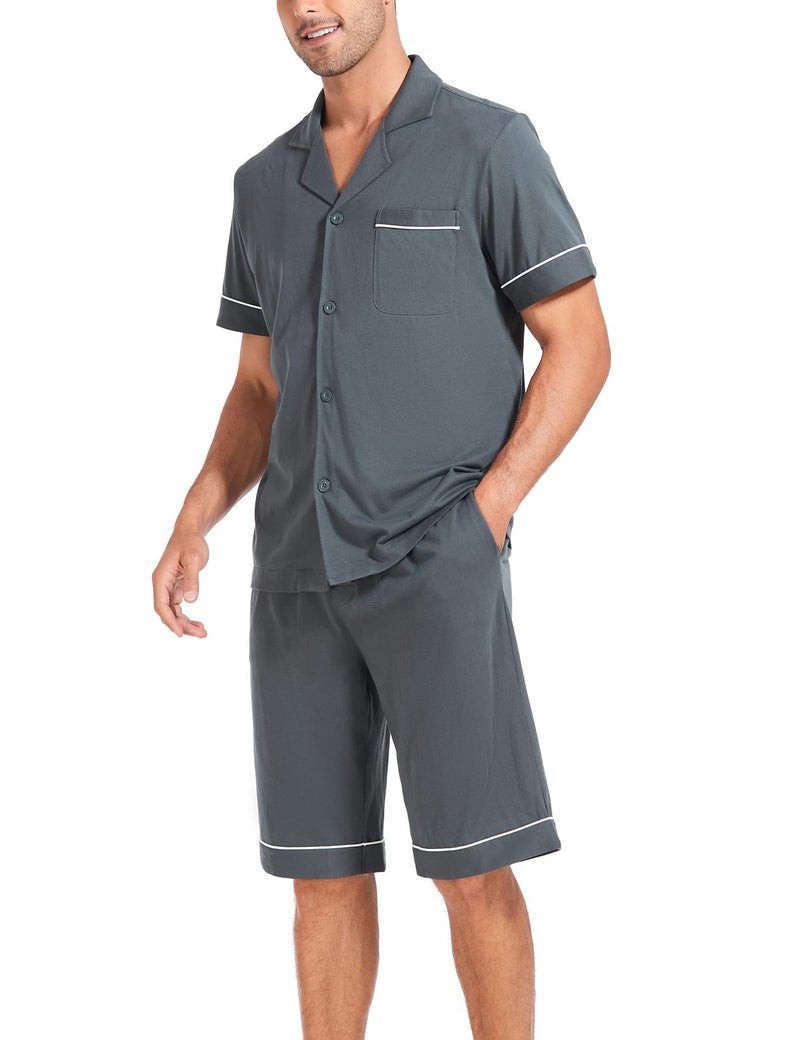 COLORFULLEAF Men's 100% Cotton Short Sleeve Pajama Sets Button Down Notched Collar Sleepwear Soft Lounge Pjs with Pockets (Deep Grey, L) - Image 2