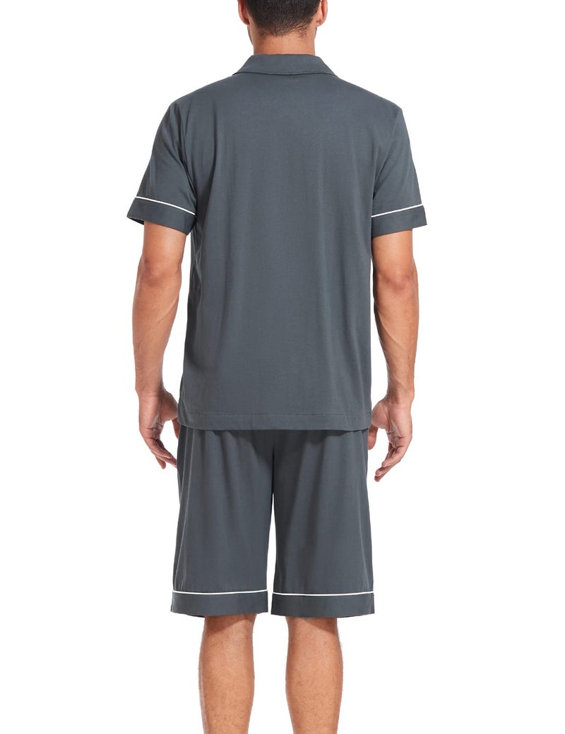 COLORFULLEAF Men's 100% Cotton Short Sleeve Pajama Sets Button Down Notched Collar Sleepwear Soft Lounge Pjs with Pockets (Deep Grey, L) - Image 4
