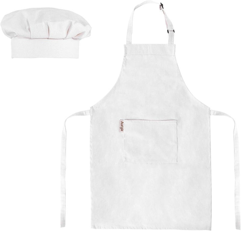 Aurya Kids Apron and Chef Hat Set-Adjustable Child Apron for Boys and Girls for Cooking Baking Off-white - Image 1