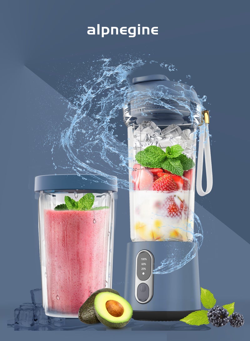 ALPNEGINE Portable Blender 2 in 1 with 500ml and 300ml Cup, Upgraded Stainless Steel Blades for Jucier, Shakes & Smoothies, 4000mAh USB Rechargeable Potable Blender for Kitchen/Gym/Outdoor (Denim Blue) - Image 1