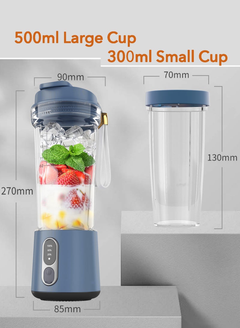 ALPNEGINE Portable Blender 2 in 1 with 500ml and 300ml Cup, Upgraded Stainless Steel Blades for Jucier, Shakes & Smoothies, 4000mAh USB Rechargeable Potable Blender for Kitchen/Gym/Outdoor (Denim Blue) - Image 4