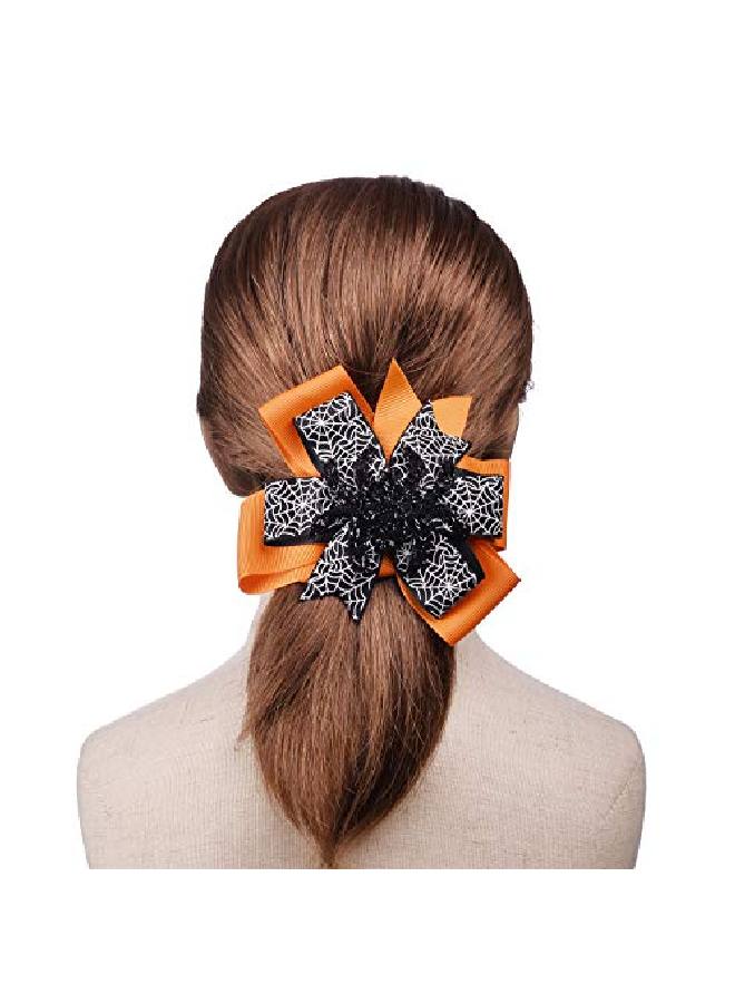 Lux Accessories Halloween Holiday Orange Black Ribbon Bows Spider Web Big Spider Hair Clip - Image 4