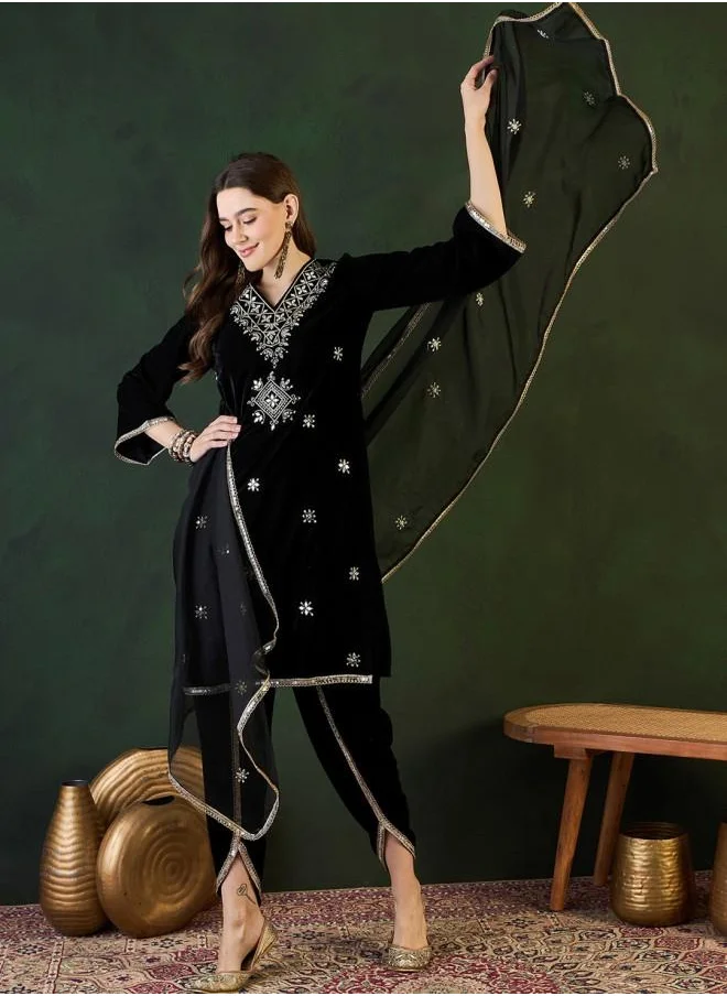 ISHIN Festive Women Black Velvet Kurta Set with Embroidered pattern Tunic and Palazzo features a Round neckline and Three-Fourth Sleeve secured with Elastic closure and styled in Straight Fit ideal for Festive moments — exude elegance in every glance.