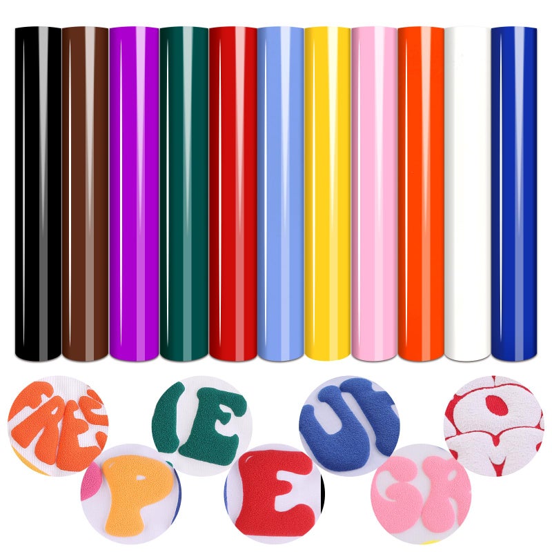 Tintnut Puff Vinyl Heat Transfer 3D 11 Sheets 12x10 3D Puff HTV Iron on Vinyl Assorted Colors Heat Transfer Vinyl HTV for TShirts Printable Vinyl