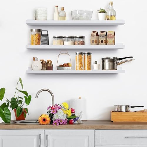 Streem Sheesham Wood Floating Shelves, Wall Shelves Set of 3, Picture Shelf Photo Ledge Shelves for Bathroom Kitchen and Bedroom,Livingroom & Office (35 inch, White) - Image 2