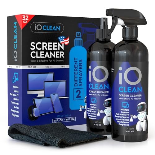 iO CLEAN Screen Cleaner Spray (16oz+16oz) – Best Large Cleaning Kit for LCD LED OLED TV, Smartphone, iPad, Laptop, Touchscreen, Computer Monitor, Other Electronic Devices – 2 Microfiber Cloths and 4 Nozzles - Image 1