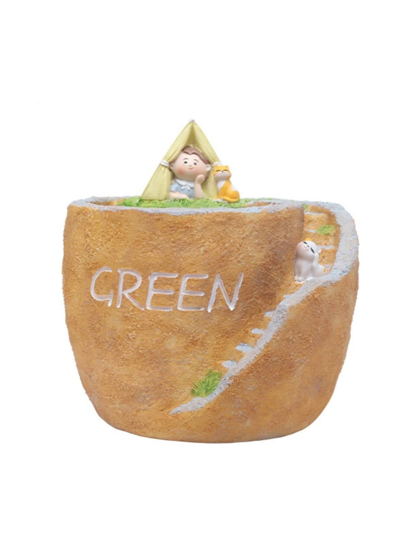 Generic Creative Pastoral Style Resin Succulent Plant Pot, Flower Pot/Plant Pot, Suitable For Herbs, Succulents, Cactus Pen Holder, Suitable For Diy Micro Landscape Home Decoration (Camping)  - Image 1
