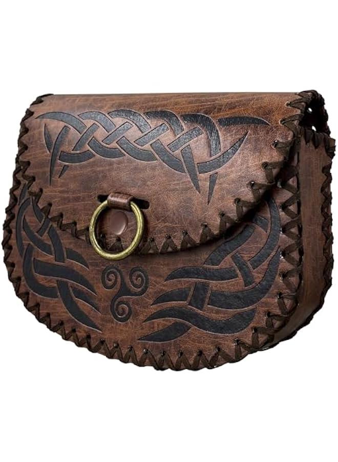 Viking Embossed Belt Bag, Vintage Medieval Faux Leather Side Pack, Middle Ages Portable Belt Pouch For LARP Ren Faire (Brown B)  - Image 2