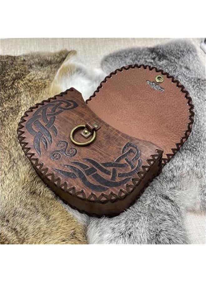 Viking Embossed Belt Bag, Vintage Medieval Faux Leather Side Pack, Middle Ages Portable Belt Pouch For LARP Ren Faire (Brown B)  - Image 4