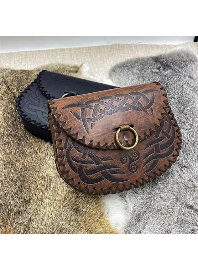 Viking Embossed Belt Bag, Vintage Medieval Faux Leather Side Pack, Middle Ages Portable Belt Pouch For LARP Ren Faire (Brown B)  - Image 5