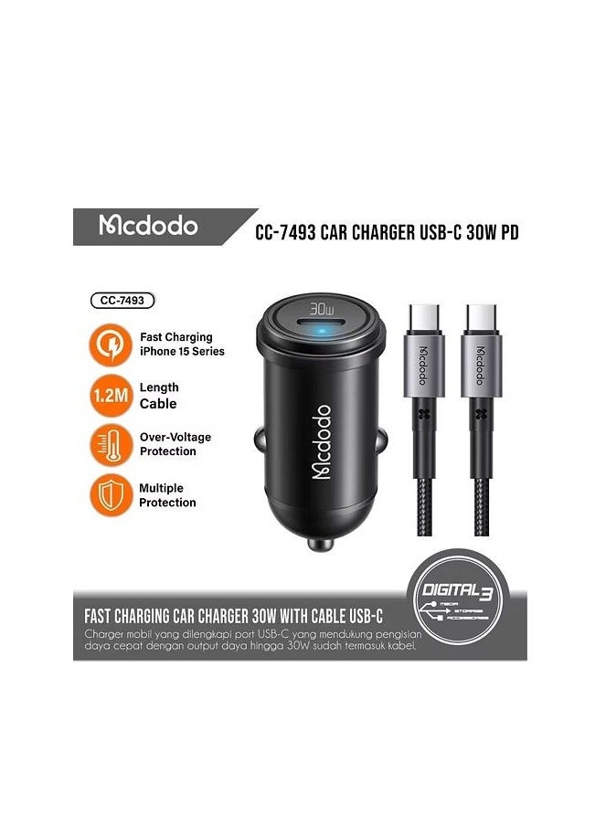 مكدودو CC-7493 - شاحن سيارة سريع PD30W - مع كابل USB-C إلى USB-C - أسود - Image 2