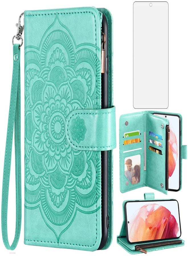 أسو ويش جراب محفظة متوافق مع سامسونج جالاكسي S21 5G بشاشة 6.2 بوصة من أسويش، مع واقي شاشة من الزجاج المقوى، وحامل بطاقات قابل للطي، وغطاء هاتف، وحامل ملحقات للهواتف المحمولة، مناسب للرجال والنساء، باللون الأخضر. - Image 1