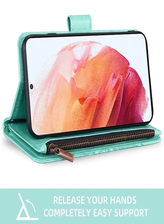 أسو ويش جراب محفظة متوافق مع سامسونج جالاكسي S21 5G بشاشة 6.2 بوصة من أسويش، مع واقي شاشة من الزجاج المقوى، وحامل بطاقات قابل للطي، وغطاء هاتف، وحامل ملحقات للهواتف المحمولة، مناسب للرجال والنساء، باللون الأخضر. - Image 3